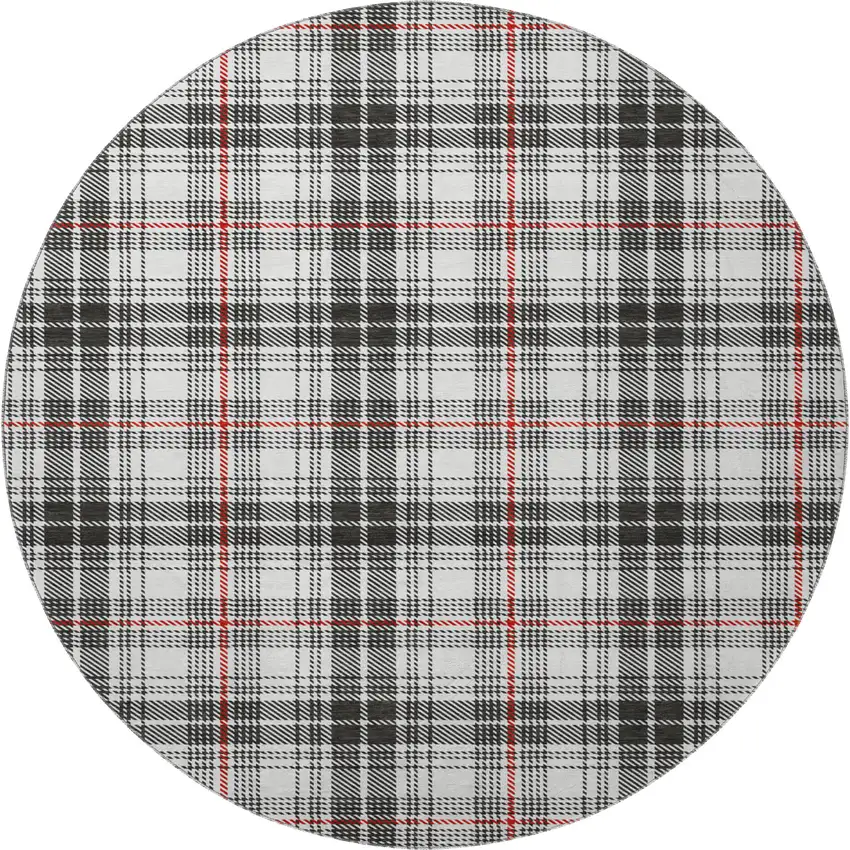 8' Black Red And Ivory Plaid Washable Round Rug With UV Protection Photo 3