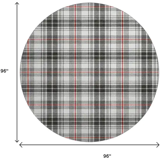 8' Black Red And Ivory Plaid Washable Round Rug With UV Protection Photo 9