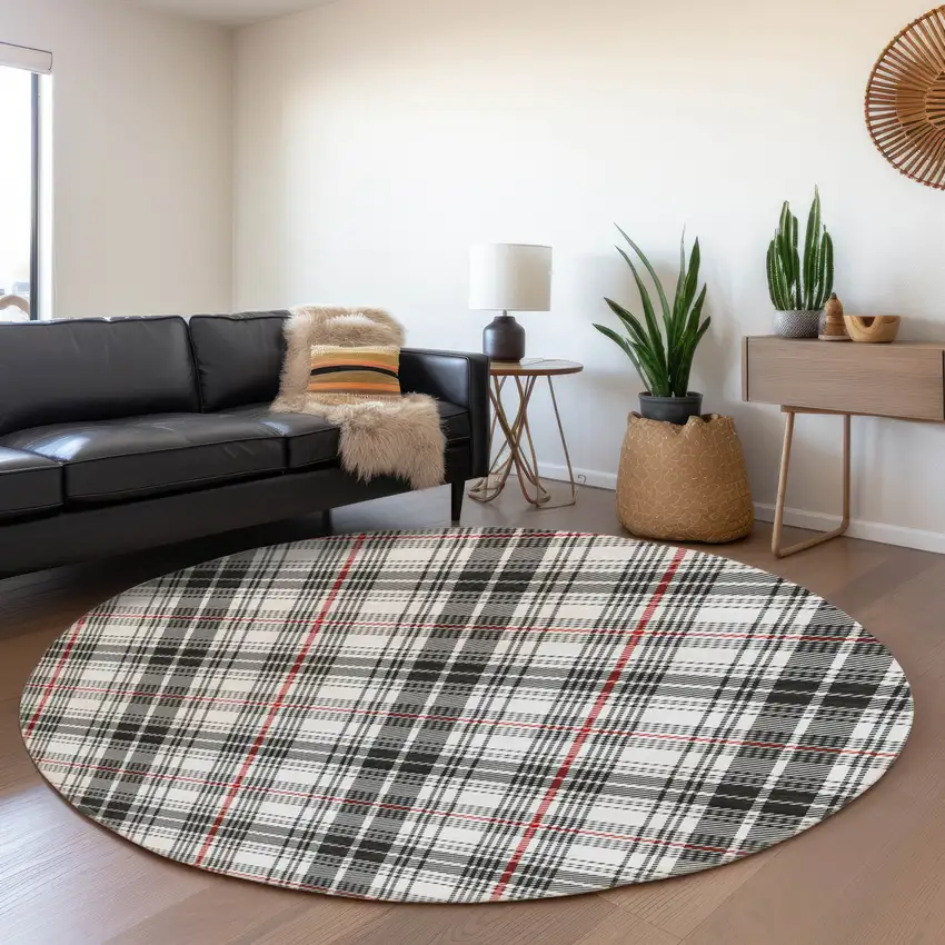 8' Black Red And Ivory Plaid Washable Round Rug With UV Protection Photo 4