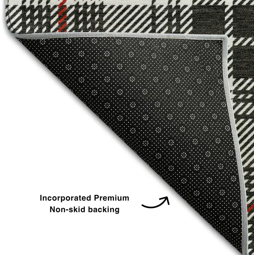 8' Black Red And Ivory Plaid Washable Round Rug With UV Protection Photo 5