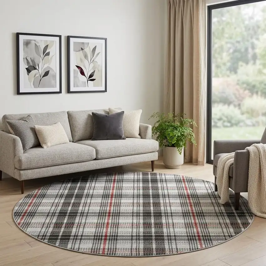 8' Black Red And Ivory Plaid Washable Round Rug With UV Protection Photo 1