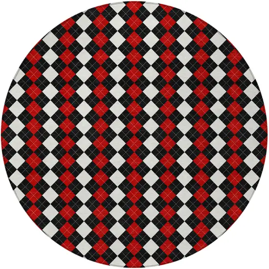 8' Black Red And White Round Argyle Washable Indoor Outdoor Area Rug Photo 4
