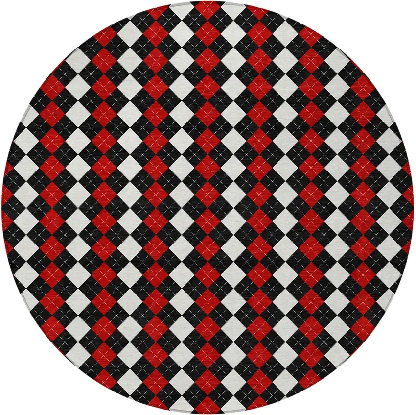 8' Black Red And White Round Argyle Washable Indoor Outdoor Area Rug Photo 4
