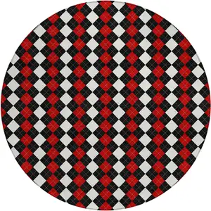 Photo of 8' Black Red And White Round Argyle Washable Indoor Outdoor Area Rug