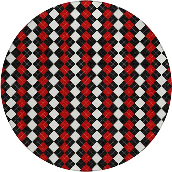 8' Black Red And White Round Argyle Washable Indoor Outdoor Area Rug Photo 1