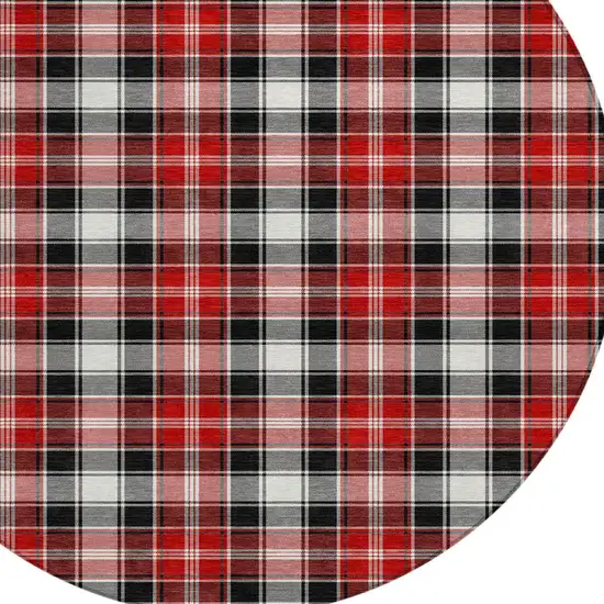 8' Black Red And White Round Plaid Washable Indoor Outdoor Area Rug Photo 8