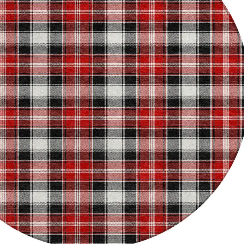 8' Black Red And White Round Plaid Washable Indoor Outdoor Area Rug Photo 8