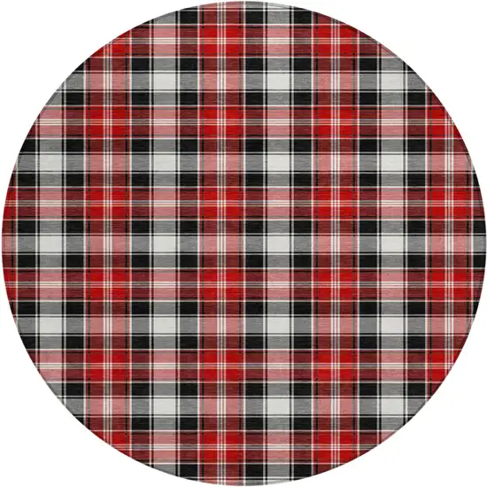 8' Black Red And White Round Plaid Washable Indoor Outdoor Area Rug Photo 1