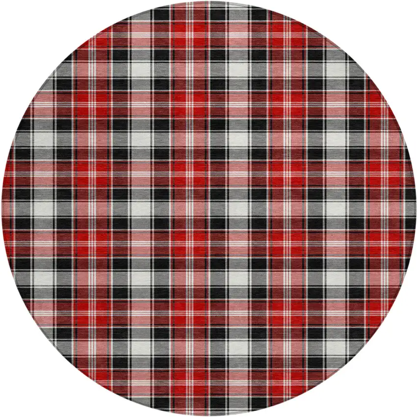 8' Black Red And White Round Plaid Washable Indoor Outdoor Area Rug Photo 1