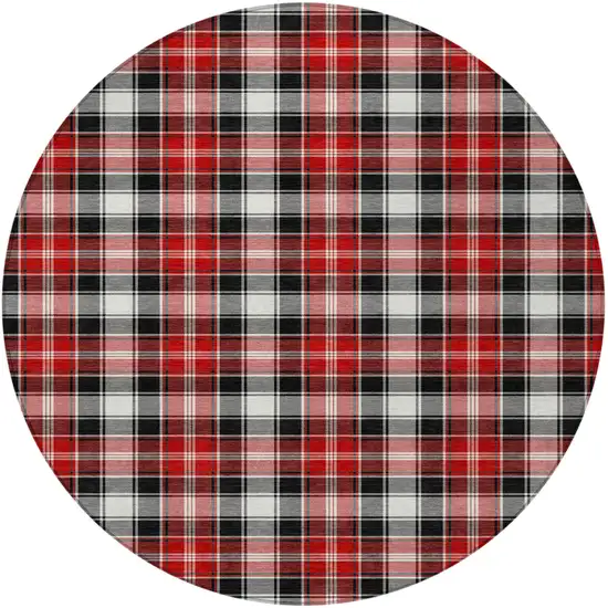 8' Black Red And White Round Plaid Washable Indoor Outdoor Area Rug Photo 3