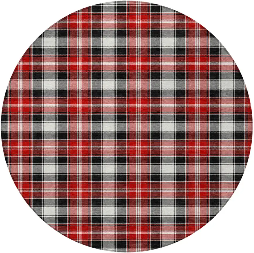 8' Black Red And White Round Plaid Washable Indoor Outdoor Area Rug Photo 3