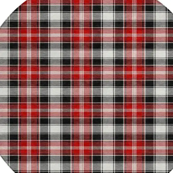 8' Black Red And White Round Plaid Washable Indoor Outdoor Area Rug Photo 4