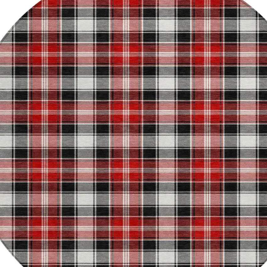 8' Black Red And White Round Plaid Washable Indoor Outdoor Area Rug Photo 4