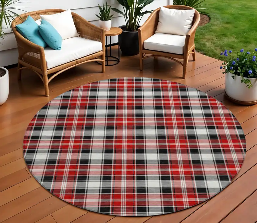 8' Black Red And White Round Plaid Washable Indoor Outdoor Area Rug Photo 2