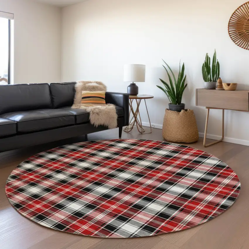 8' Black Red And White Round Plaid Washable Indoor Outdoor Area Rug Photo 6