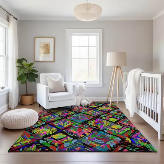 8' Black Red Pink And Green Geometric Washable Area Rug With UV Protection Photo 5