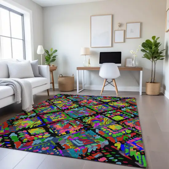 8' Black Red Pink And Green Geometric Washable Area Rug With UV Protection Photo 4