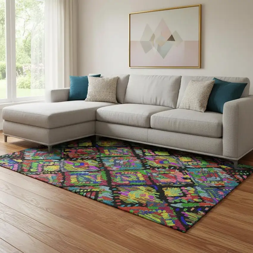 8' Black Red Pink And Green Geometric Washable Area Rug With UV Protection Photo 2