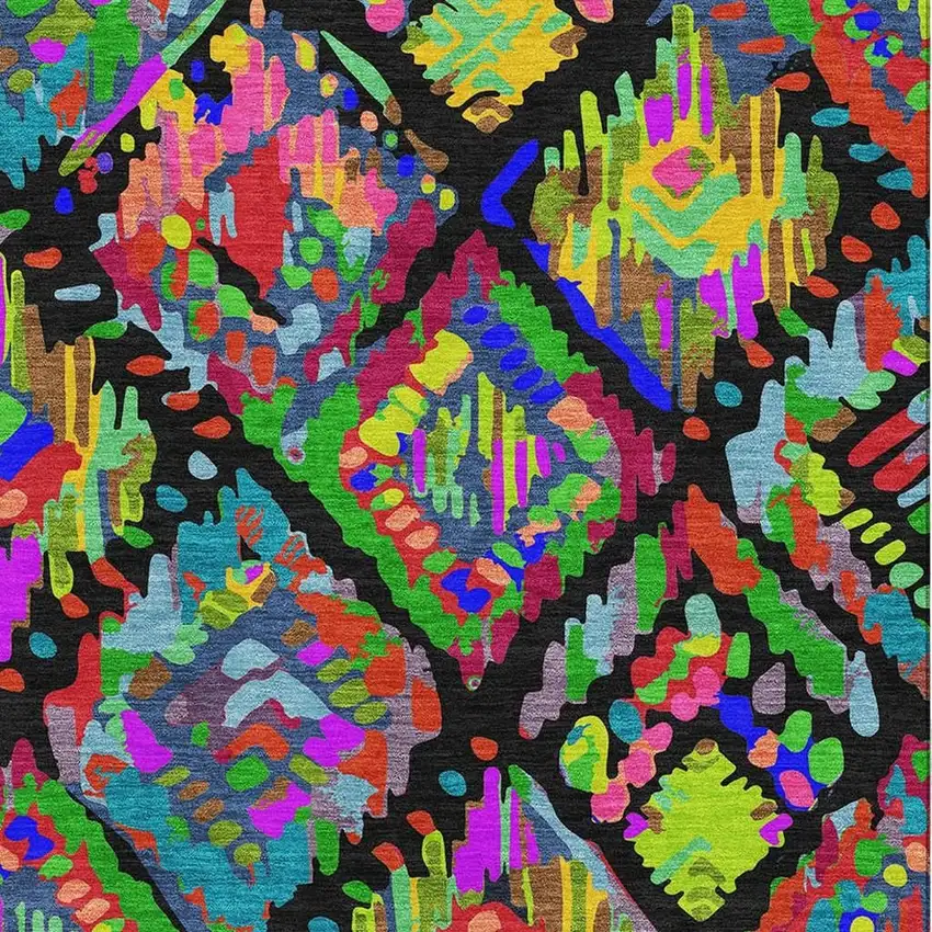 8' Black Red Pink And Green Geometric Washable Area Rug With UV Protection Photo 2