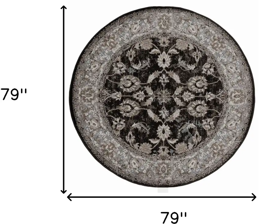 6' Black Round Floral Power Loom Area Rug Photo 6
