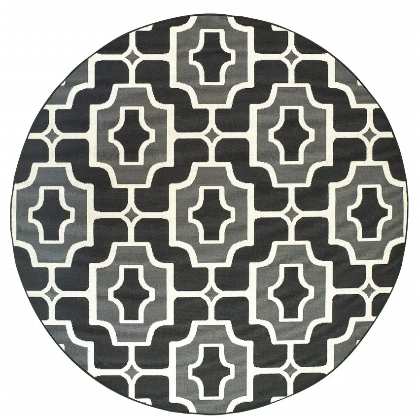8' Black Round Geometric Stain Resistant Indoor Outdoor Area Rug Photo 1