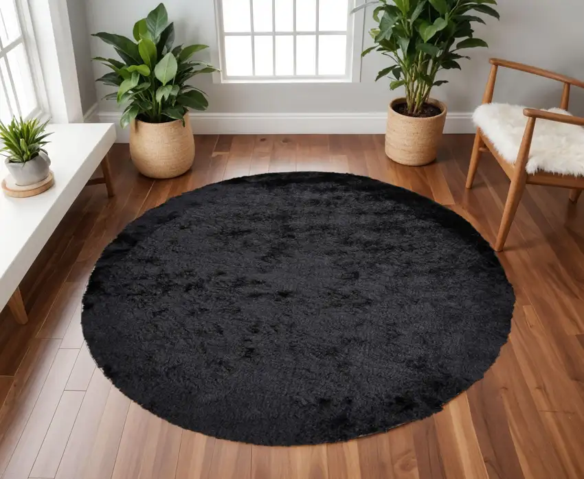 8' Black Shag Hand Tufted Round Rug Photo 1