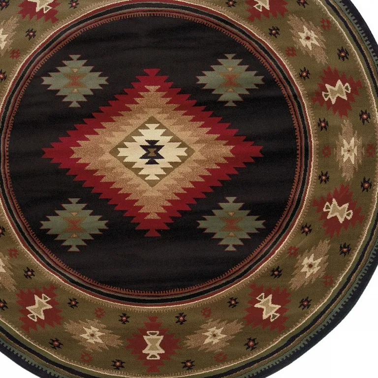 8' Black Round Southwestern Power Loom Stain Resistant Area Rug Photo 3