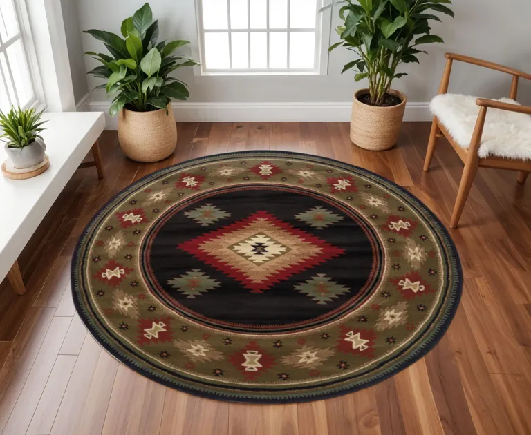 8' Black Round Southwestern Power Loom Stain Resistant Area Rug Photo 4