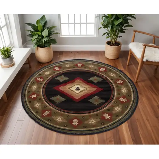 8' Black Round Southwestern Power Loom Stain Resistant Area Rug Photo 1