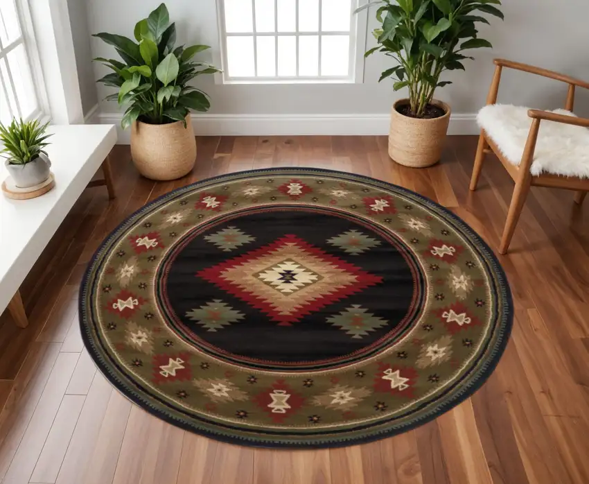 8' Black Round Southwestern Power Loom Stain Resistant Area Rug Photo 1