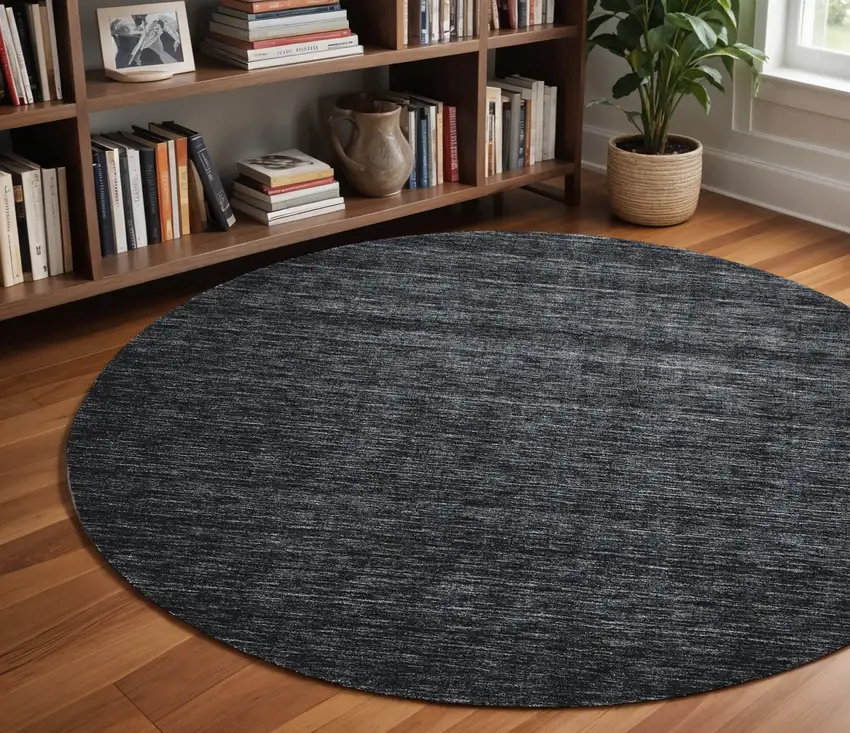 8' Black Round Wool Hand Woven Area Rug Photo 1