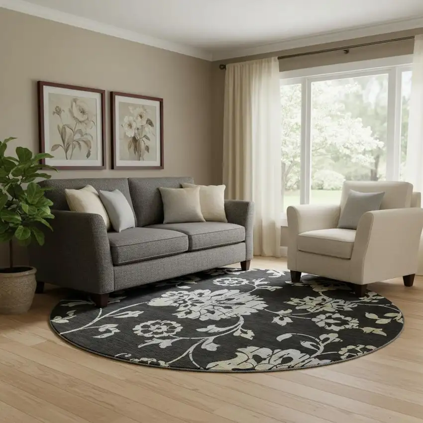 8' Black Silver And Beige Floral Washable Round Rug With UV Protection Photo 1