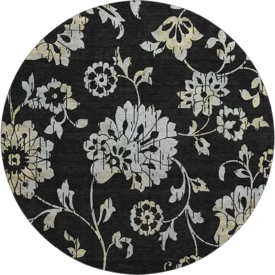 8' Black Silver And Beige Floral Washable Round Rug With UV Protection Photo 1