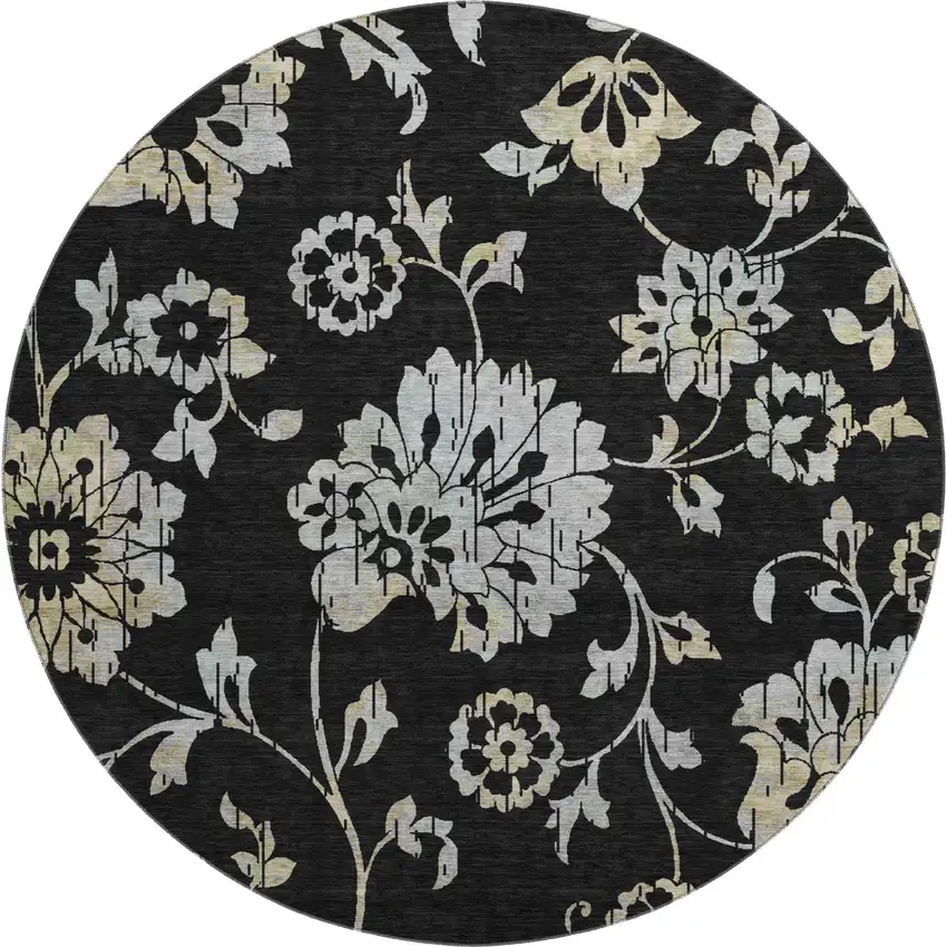 8' Black Silver And Beige Floral Washable Round Rug With UV Protection Photo 1