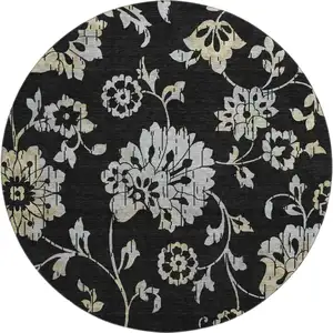 Photo of 8' Black Silver And Beige Floral Washable Round Rug With UV Protection