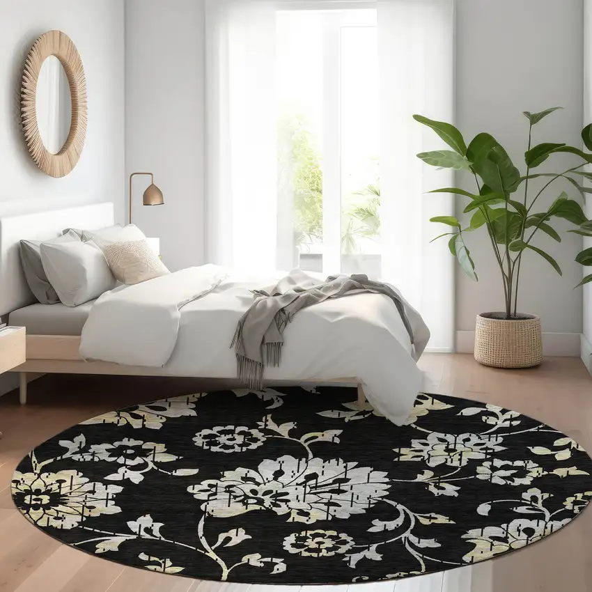 8' Black Silver And Beige Floral Washable Round Rug With UV Protection Photo 4