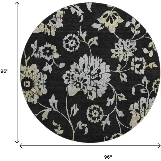 8' Black Silver And Beige Floral Washable Round Rug With UV Protection Photo 9