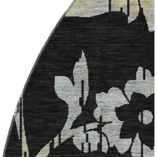 8' Black Silver And Beige Floral Washable Round Rug With UV Protection Photo 3