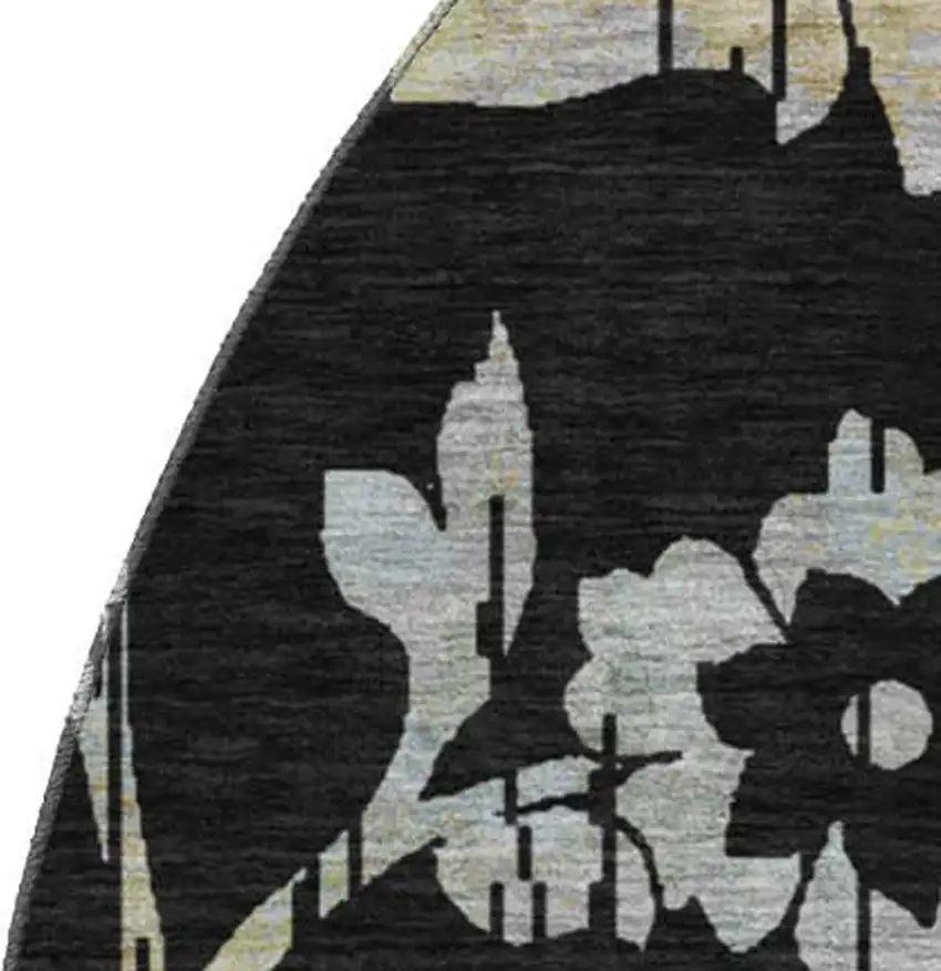 8' Black Silver And Beige Floral Washable Round Rug With UV Protection Photo 3