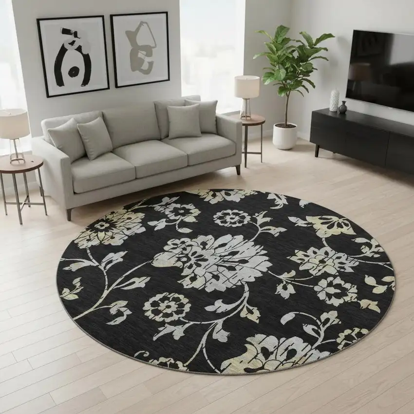 8' Black Silver And Beige Floral Washable Round Rug With UV Protection Photo 2