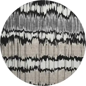 Photo of 8' Black Silver And Brown Striped Washable Round Rug With UV Protection