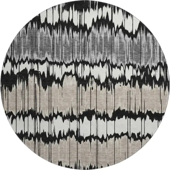 8' Black Silver And Brown Striped Washable Round Rug With UV Protection Photo 1