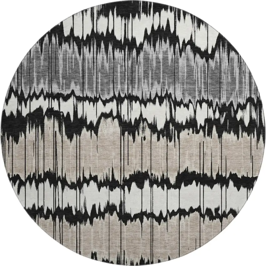 8' Black Silver And Brown Striped Washable Round Rug With UV Protection Photo 1
