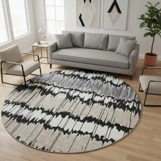 8' Black Silver And Brown Striped Washable Round Rug With UV Protection Photo 2