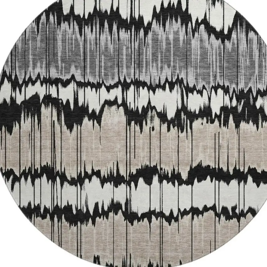 8' Black Silver And Brown Striped Washable Round Rug With UV Protection Photo 3