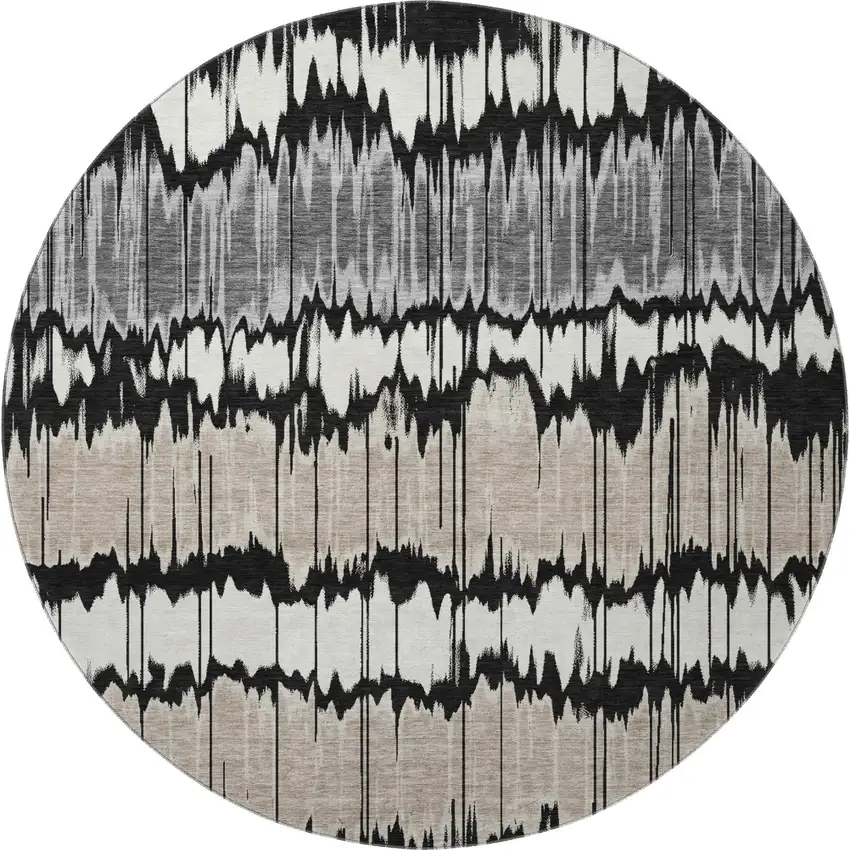 8' Black Silver And Brown Striped Washable Round Rug With UV Protection Photo 4