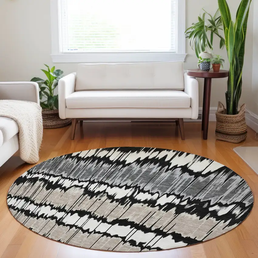8' Black Silver And Brown Striped Washable Round Rug With UV Protection Photo 5