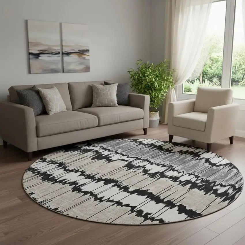 8' Black Silver And Brown Striped Washable Round Rug With UV Protection Photo 1