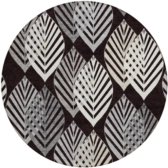 8' Black Silver And Charcoal Round Floral Washable Indoor Outdoor Area Rug Photo 1
