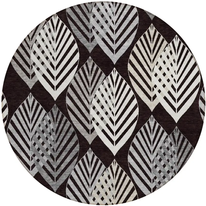 8' Black Silver And Charcoal Round Floral Washable Indoor Outdoor Area Rug Photo 1